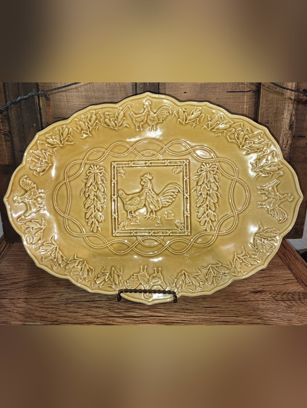 Bordallo Pinheiro Hen & Rooster Majolica Platter: Gold Ceramic